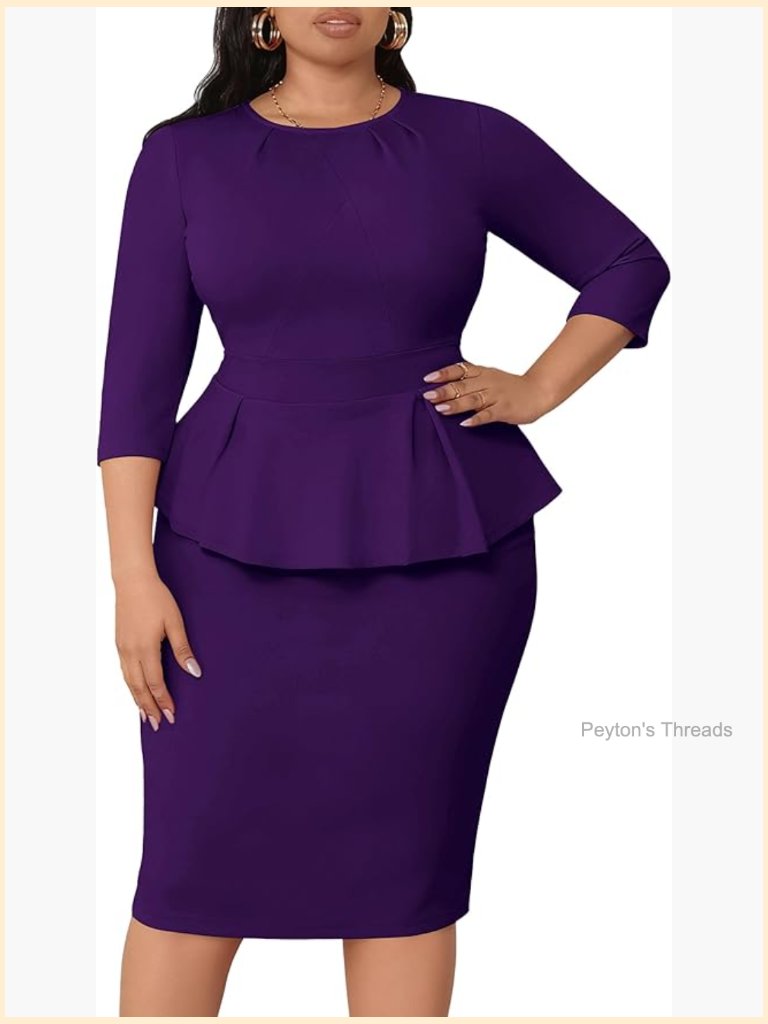 Plus Size Peplum Dress With 3/4 Sleeves - Work Business Office Professional